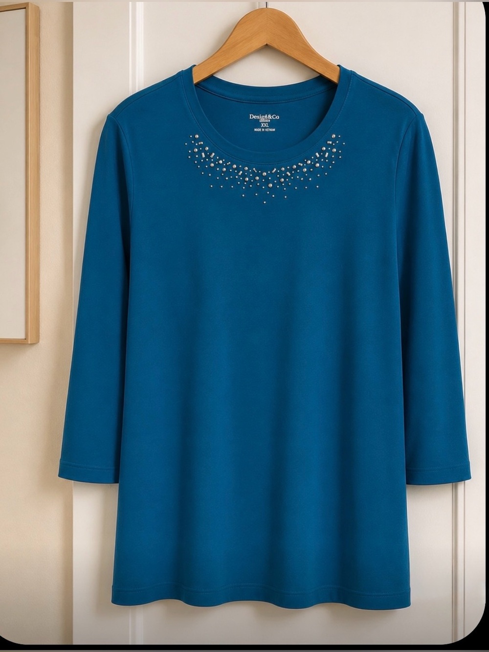 Studio Works Turquoise 3/4  length Sleeve Embellished Round Neck Top  (SIZE 1X)